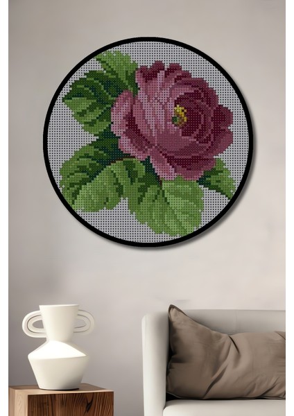 Ahşap Dekoratif Tablo Kanaviçe Çiçek Desenli Gül Bahçesi Yuvarlak Tablo fiyatları