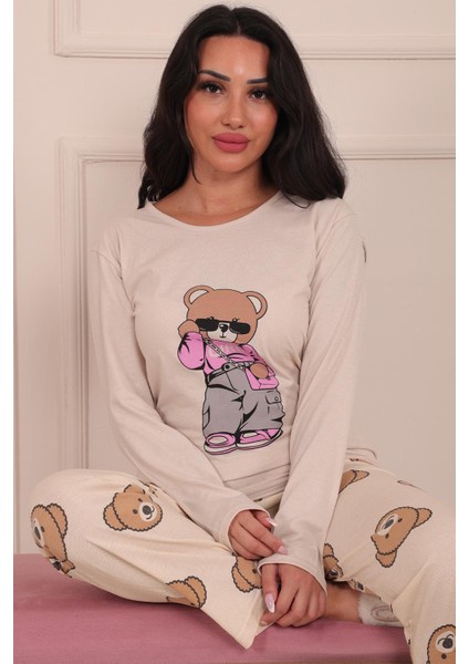Kadın Ayıcık Desenli ve Baskılı Bisiklet Yaka Uzun Kol Altı Uzun Penye Pijama Takımı
