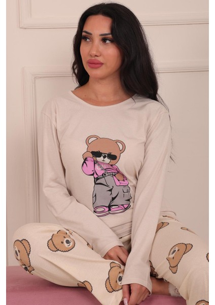 Kadın Ayıcık Desenli ve Baskılı Bisiklet Yaka Uzun Kol Altı Uzun Penye Pijama Takımı fiyatları