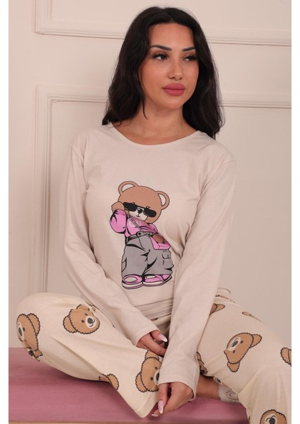 Kadın Ayıcık Desenli ve Baskılı Bisiklet Yaka Uzun Kol Altı Uzun Penye Pijama Takımı modelleri