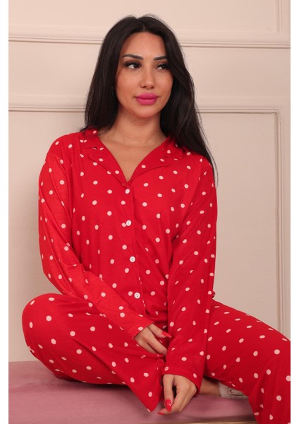 Kadın Puantiye Desenli Önü Düğmeli Uzun Kol Altı Uzun Süet Pijama Takımı