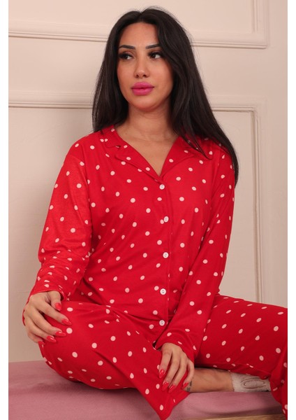 Kadın Puantiye Desenli Önü Düğmeli Uzun Kol Altı Uzun Süet Pijama Takımı modelleri