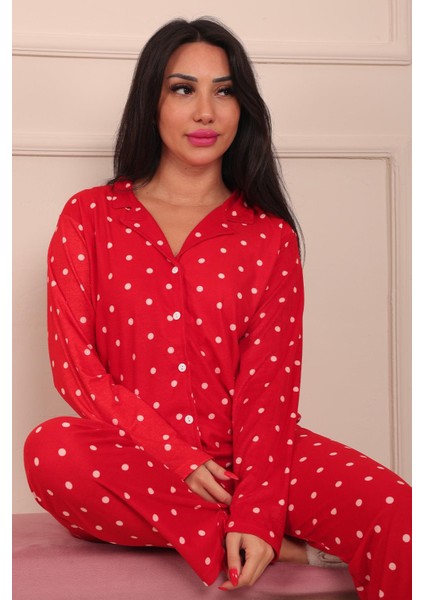 Kadın Puantiye Desenli Önü Düğmeli Uzun Kol Altı Uzun Süet Pijama Takımı fırsatları