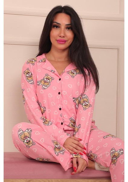 Kadın Tavşan Desenli Önü Düğmeli Uzun Kol Altı Uzun Süet Pijama Takımı