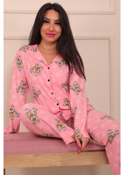 Kadın Tavşan Desenli Önü Düğmeli Uzun Kol Altı Uzun Süet Pijama Takımı modelleri