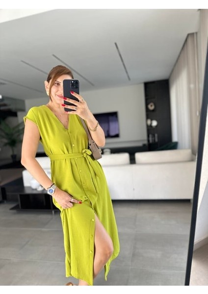 Kadınn V Yaka Düğme Detay Kuşak Dahil Elbise modelleri