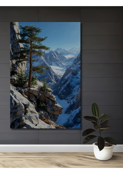 Karlı Dağların Zirvesindeki Çam Ağacı Yağlı Boya Görünümlü Dekoratif Ahşap Tablo Dikdörtgen Tablo