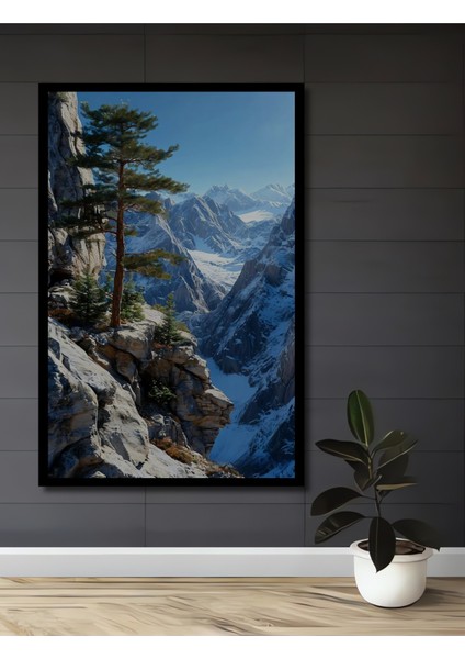 Karlı Dağların Zirvesindeki Çam Ağacı Yağlı Boya Görünümlü Dekoratif Ahşap Tablo Dikdörtgen Tablo fiyatları
