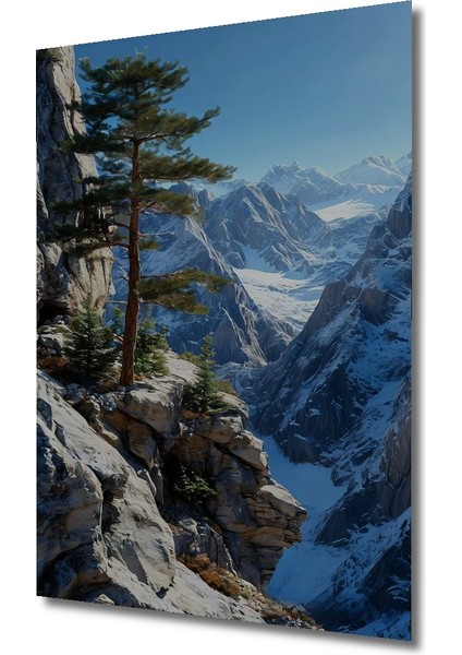 Karlı Dağların Zirvesindeki Çam Ağacı Yağlı Boya Görünümlü Dekoratif Ahşap Tablo Dikdörtgen Tablo modelleri