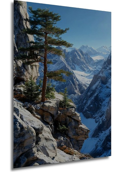 Karlı Dağların Zirvesindeki Çam Ağacı Yağlı Boya Görünümlü Dekoratif Ahşap Tablo Dikdörtgen Tablo fırsatları
