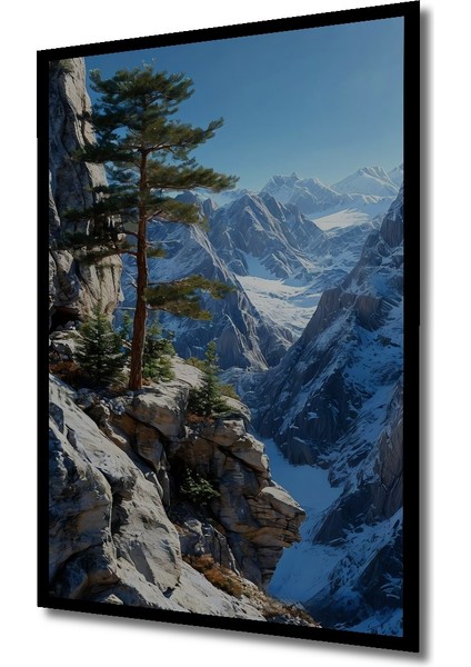 Karlı Dağların Zirvesindeki Çam Ağacı Yağlı Boya Görünümlü Dekoratif Ahşap Tablo Dikdörtgen Tablo indirimleri