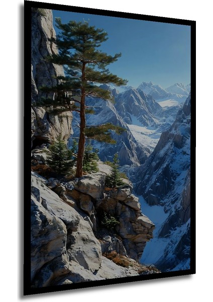 Karlı Dağların Zirvesindeki Çam Ağacı Yağlı Boya Görünümlü Dekoratif Ahşap Tablo Dikdörtgen Tablo
