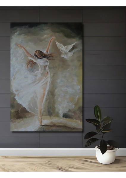 Beyaz Elbiseli Dansçı ve Güvercin Yağlı Boya Görünümlü Dekoratif Ahşap Tablo Dikdörtgen Tablo