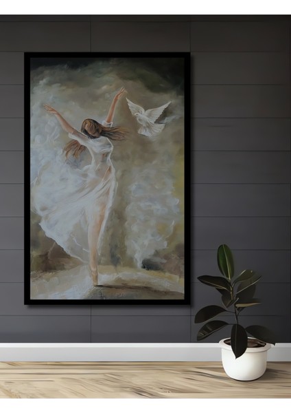 Beyaz Elbiseli Dansçı ve Güvercin Yağlı Boya Görünümlü Dekoratif Ahşap Tablo Dikdörtgen Tablo fiyatları