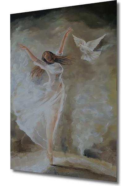 Beyaz Elbiseli Dansçı ve Güvercin Yağlı Boya Görünümlü Dekoratif Ahşap Tablo Dikdörtgen Tablo modelleri