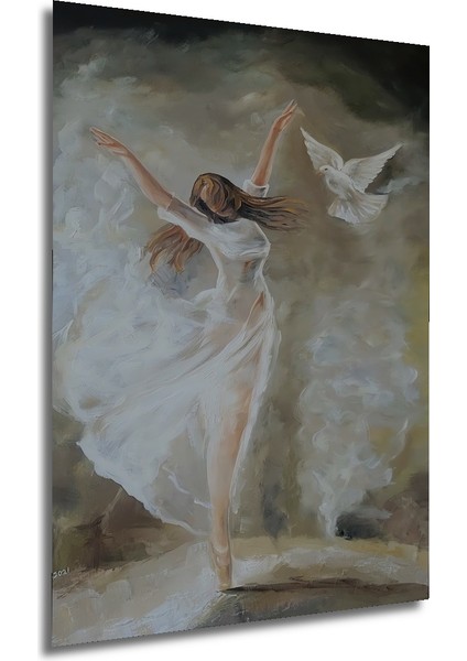 Beyaz Elbiseli Dansçı ve Güvercin Yağlı Boya Görünümlü Dekoratif Ahşap Tablo Dikdörtgen Tablo fırsatları