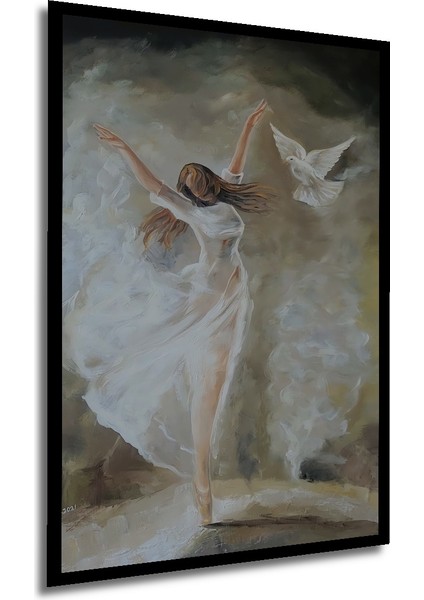 Beyaz Elbiseli Dansçı ve Güvercin Yağlı Boya Görünümlü Dekoratif Ahşap Tablo Dikdörtgen Tablo