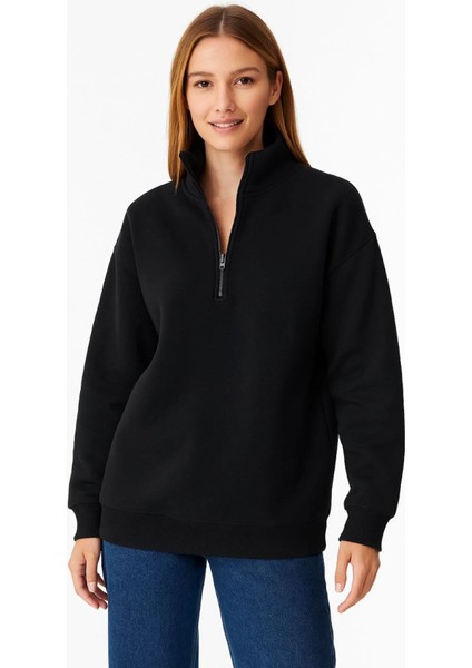 Üç Iplik Dık Yaka Yarım Fermuarlı Sweatshirt - Siyah