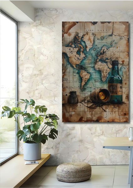Eski Dünya Haritası Yağlı Boya Görünümlü Dekoratif Ahşap Tablo Dikdörtgen Tablo