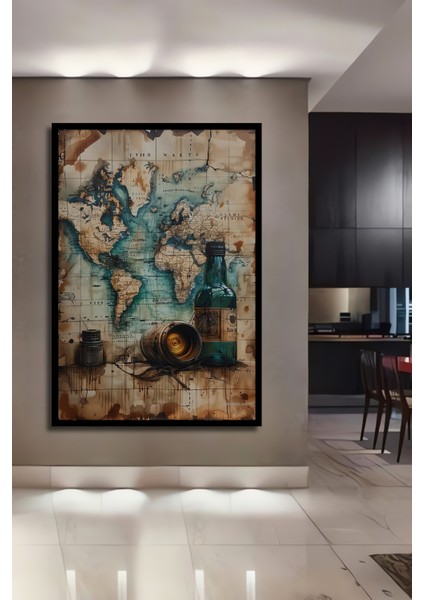 Eski Dünya Haritası Yağlı Boya Görünümlü Dekoratif Ahşap Tablo Dikdörtgen Tablo fiyatları