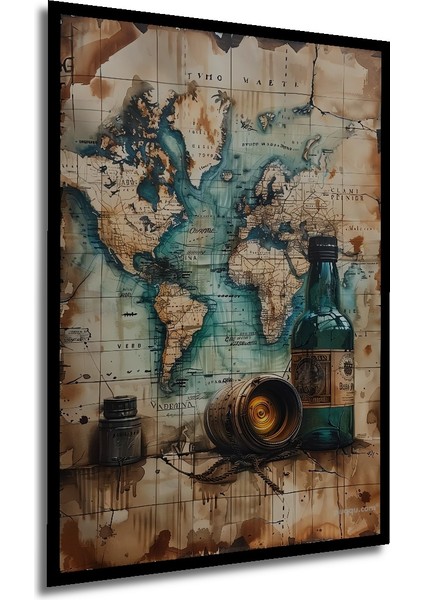 Eski Dünya Haritası Yağlı Boya Görünümlü Dekoratif Ahşap Tablo Dikdörtgen Tablo