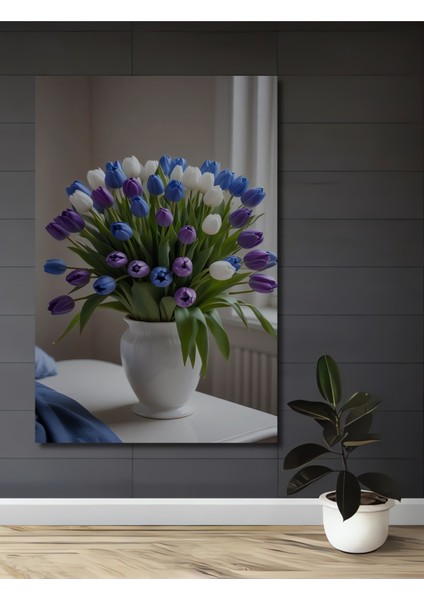 Görkemli Lale Buketi Yağlı Boya Görünümlü Ahşap Dekoratif Tablo Dikdörtgen Tablo