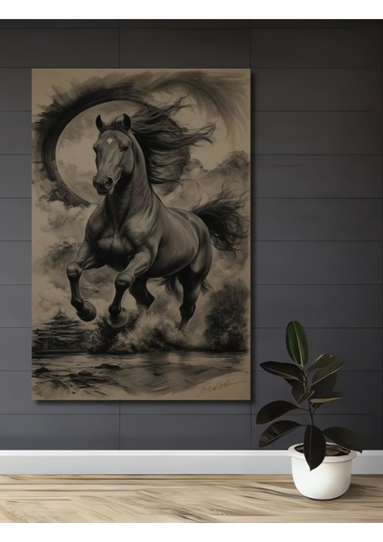 Ejderha Döngüsü Atı Kara Kalem Görünümlü Ahşap Dekoratif Tablo Dikdörtgen Tablo