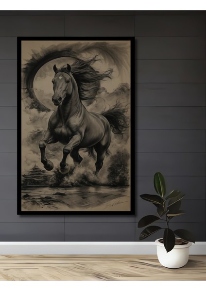 Ejderha Döngüsü Atı Kara Kalem Görünümlü Ahşap Dekoratif Tablo Dikdörtgen Tablo fiyatları