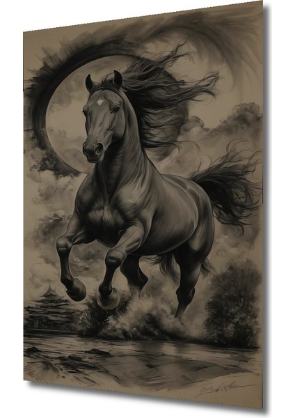 Ejderha Döngüsü Atı Kara Kalem Görünümlü Ahşap Dekoratif Tablo Dikdörtgen Tablo modelleri