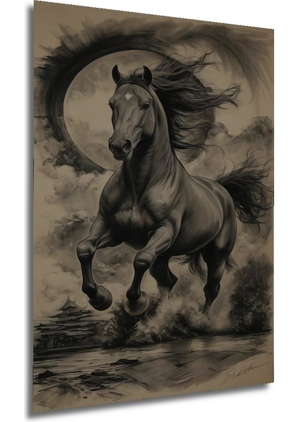 Ejderha Döngüsü Atı Kara Kalem Görünümlü Ahşap Dekoratif Tablo Dikdörtgen Tablo fırsatları