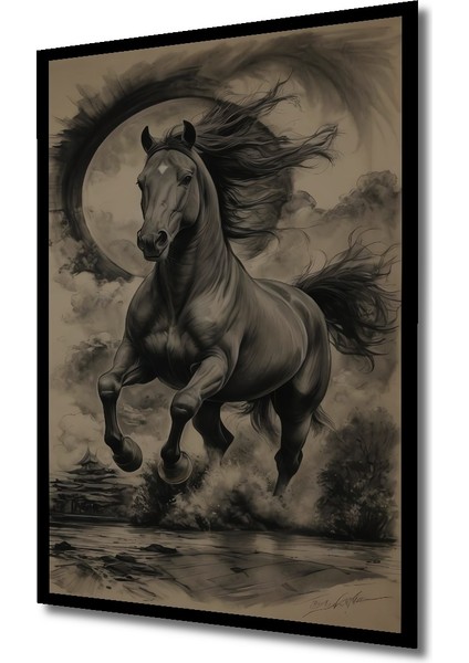 Ejderha Döngüsü Atı Kara Kalem Görünümlü Ahşap Dekoratif Tablo Dikdörtgen Tablo indirimleri