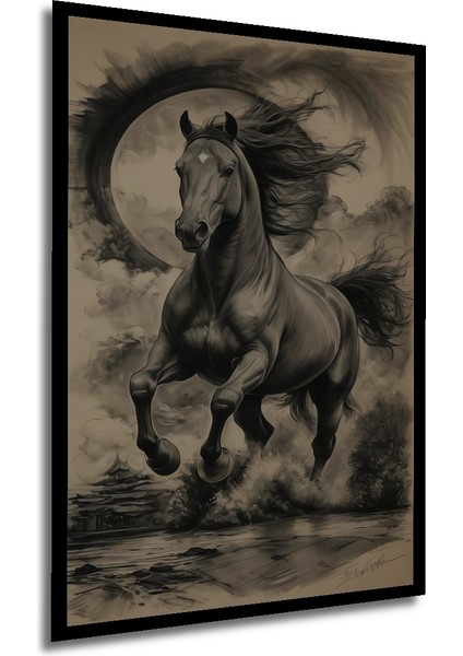 Ejderha Döngüsü Atı Kara Kalem Görünümlü Ahşap Dekoratif Tablo Dikdörtgen Tablo