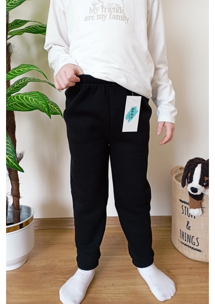 Çocuk Siyah 3 Iplik Şardonlu Paçası Lastikli Kışlık Eşofman Altı