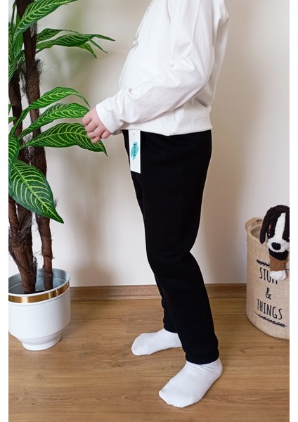 Çocuk Siyah 3 Iplik Şardonlu Paçası Lastikli Kışlık Eşofman Altı