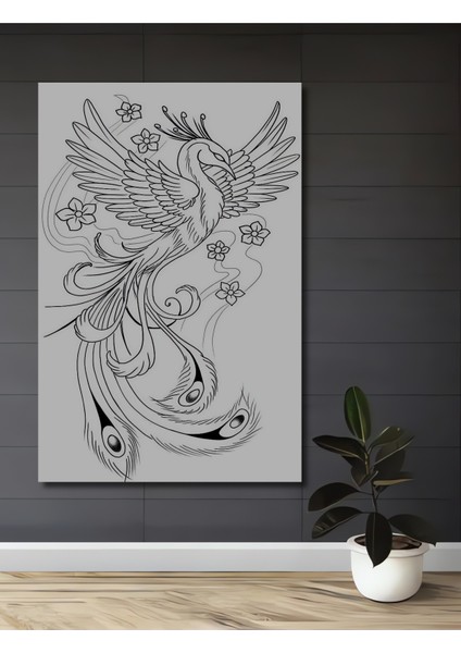 Siyah Beyaz Çizim Phoenix Ahşap Dekoratif Tablo Dikdörtgen Tablo