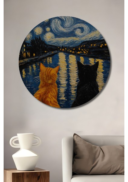 Van Gogh Tarzı Kedili Yağlı Boya Görünümlü Ahşap Dekoratif Tablo Yuvarlak Tablo