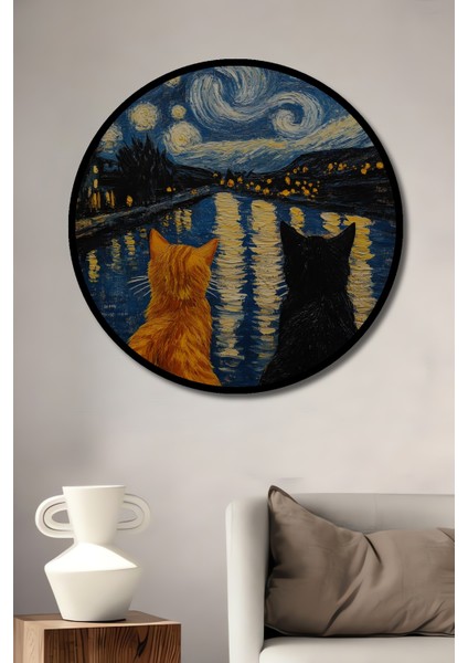 Van Gogh Tarzı Kedili Yağlı Boya Görünümlü Ahşap Dekoratif Tablo Yuvarlak Tablo fiyatları