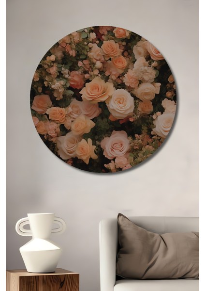 Romantik Gül Bahçesi Yağlı Boya Görünümlü Ahşap Dekoratif Tablo Yuvarlak Tablo