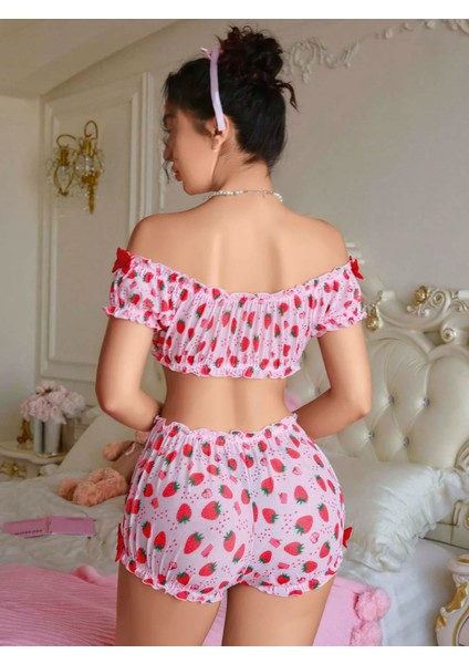Kadın Pembe Çilek Desenli Fantezi Şort Takım 2156 modelleri
