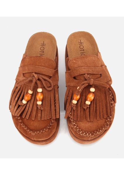 01TEH316580A370 KADIN Süet Deri Taba Püsküllü Kalın Tabanlı Terlik