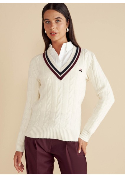 V Yaka Standart Saç Örgü Desenli Ekru Kazak Kadın V Yaka Saç Örgü Kolej Yün Kazak