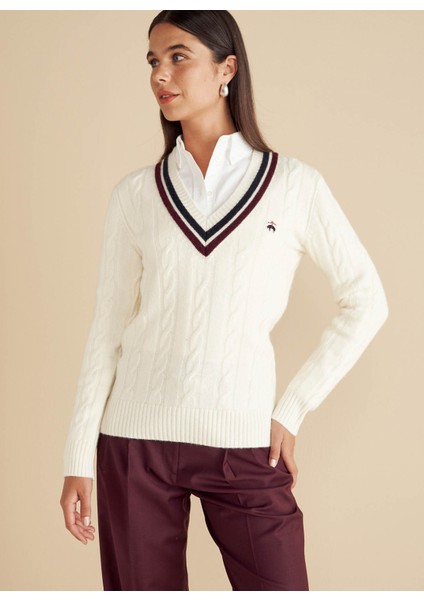 V Yaka Standart Saç Örgü Desenli Ekru Kazak Kadın V Yaka Saç Örgü Kolej Yün Kazak fiyatları