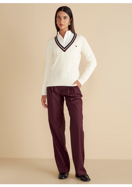 V Yaka Standart Saç Örgü Desenli Ekru Kazak Kadın V Yaka Saç Örgü Kolej Yün Kazak modelleri