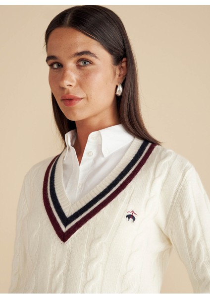 V Yaka Standart Saç Örgü Desenli Ekru Kazak Kadın V Yaka Saç Örgü Kolej Yün Kazak fırsatları