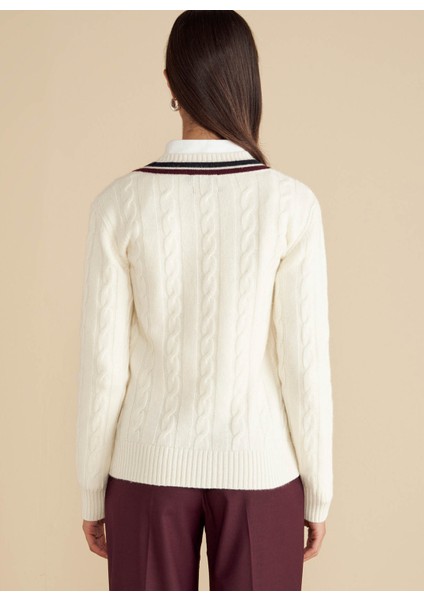 V Yaka Standart Saç Örgü Desenli Ekru Kazak Kadın V Yaka Saç Örgü Kolej Yün Kazak indirimleri