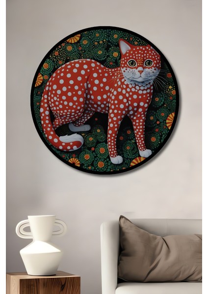 Kırmızı Benekli Kedi Yağlı Boya Görünümlü Ahşap Dekoratif Tablo Yuvarlak Tablo fiyatları