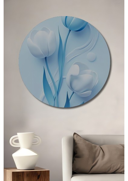 Mavi Beyaz Lale Suluboya Görünümlü Ahşap Dekoratif Tablo Yuvarlak Tablo