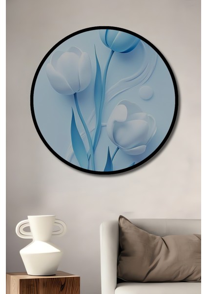 Mavi Beyaz Lale Suluboya Görünümlü Ahşap Dekoratif Tablo Yuvarlak Tablo fiyatları