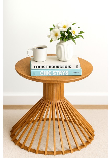 Palermo Yuvarlak Modern Klasik Rustik Retro Vintage Naturel Dekoratif Ahşap Çıtalı Yan Mantar Sehpa