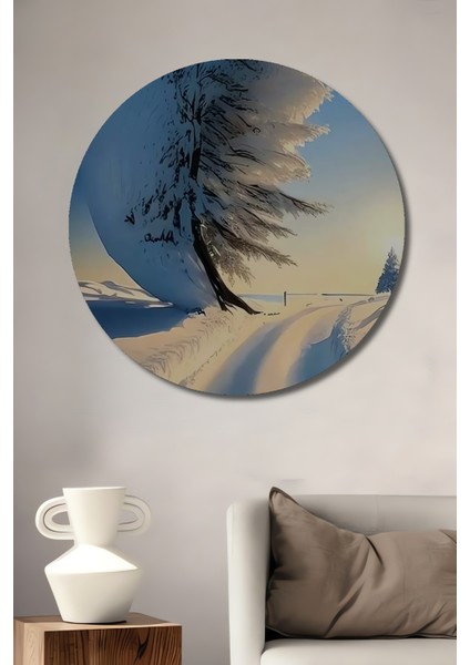 Buzlu Ağaç ve Kar Manzarası Yağlı Boya Görünümlü Dekoratif Ahşap Tablo Yuvarlak Tablo